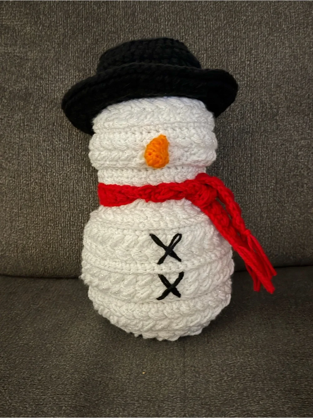 Handmade White Crochet Snowman with Black Hat and Red Scarf